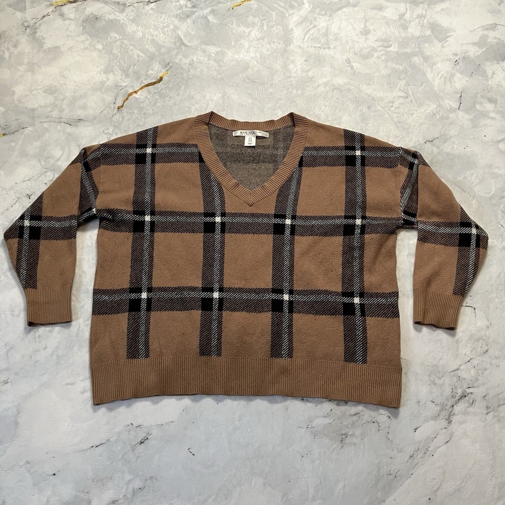 Max Studio‎ Sweater Womens Size 1X Brown Plaid V Neck Knit Top Preppy